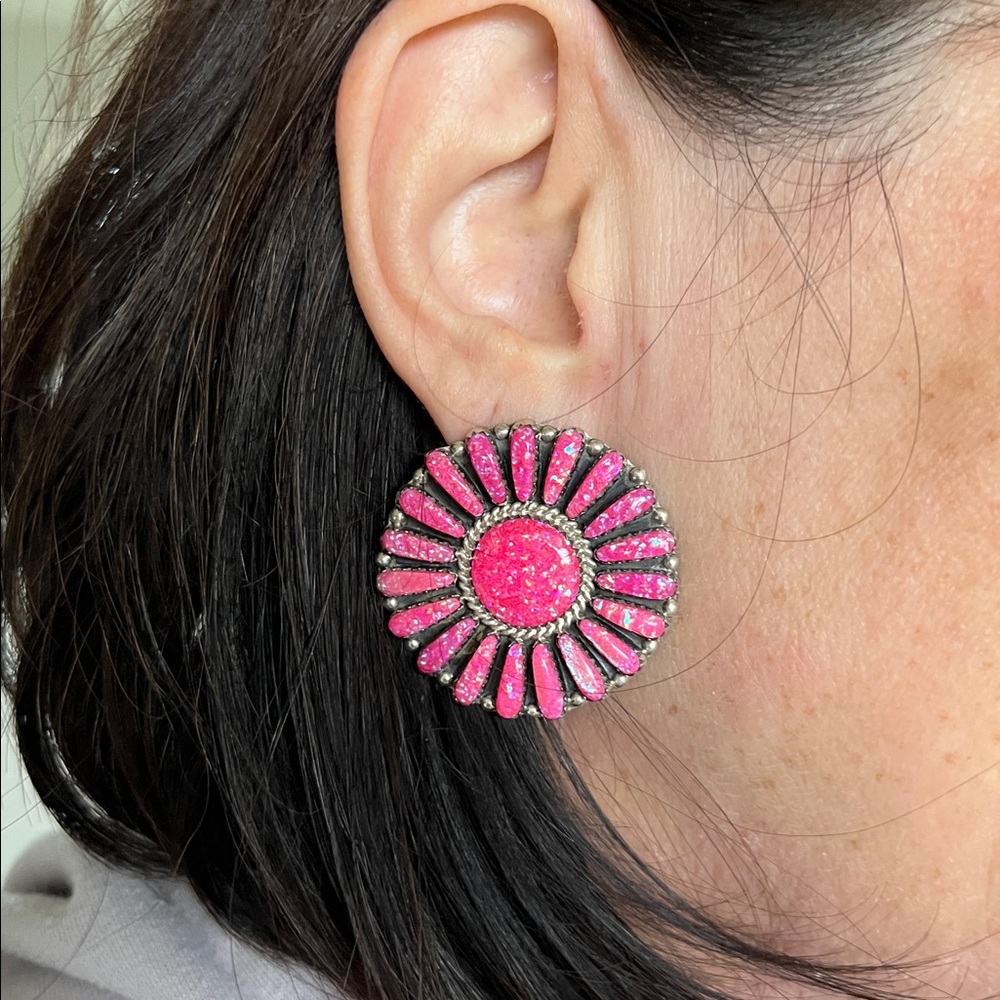 Navajo Pink Cluster Earrings - Picture 3 of 8